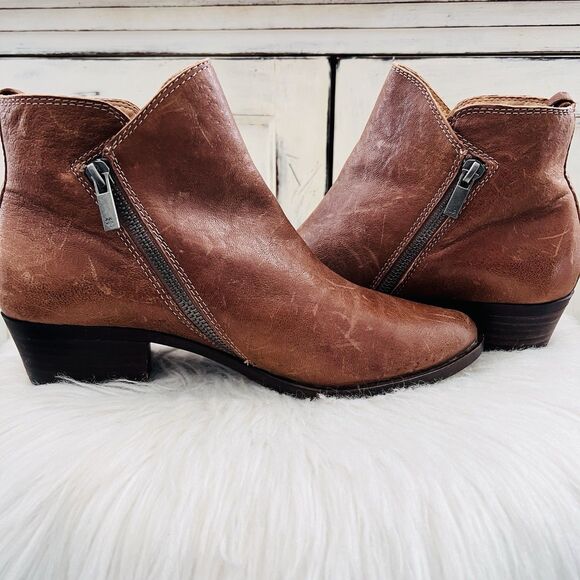 Lucky Brand Bryton Brown Worn Distressed Leather Side Zip Ankle Booties Size 9M - Picture 4 of 8